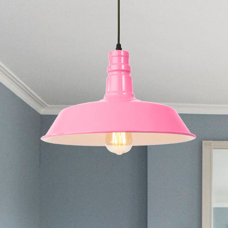 Metal Barn Shade Hanging Lamp Retro Style 1 Bulb Living Room Ceiling Pendant Fixture in Pink/Yellow, 10"/14"/18" Diameter