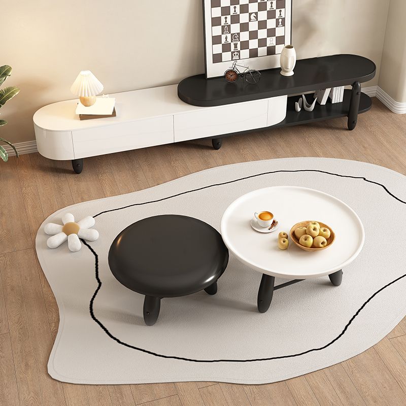 White Contemporary Oval and Round Wood Coffee Table with Drawer