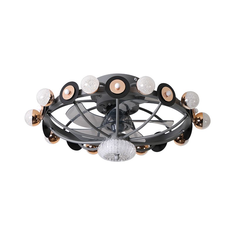 Oval Cage Metallic Pendant Fan Lamp Modernist 25.5" W 11 Heads White/Grey/Coffee Semi Flushmount, 4 Blades