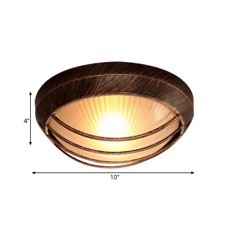 Plafonnier rustique à 1 ampoule en verre nervuré Bowl, pour porche, en bronze avec cage en métal