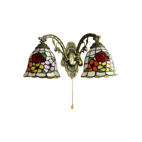 Beige Bell Wall Fixture Light Tiffany Stained Glass 2 Lights Flower Wall Sconce Lamp Fixture with Pull Switch