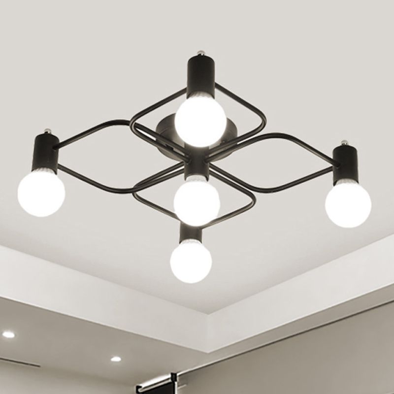 Diamante/rectangular semi de montura de montaje de montura contemporánea 5/7/9 luces blancas/lámparas semi de montaje LED negras con leche de vidrio desnudo sombra