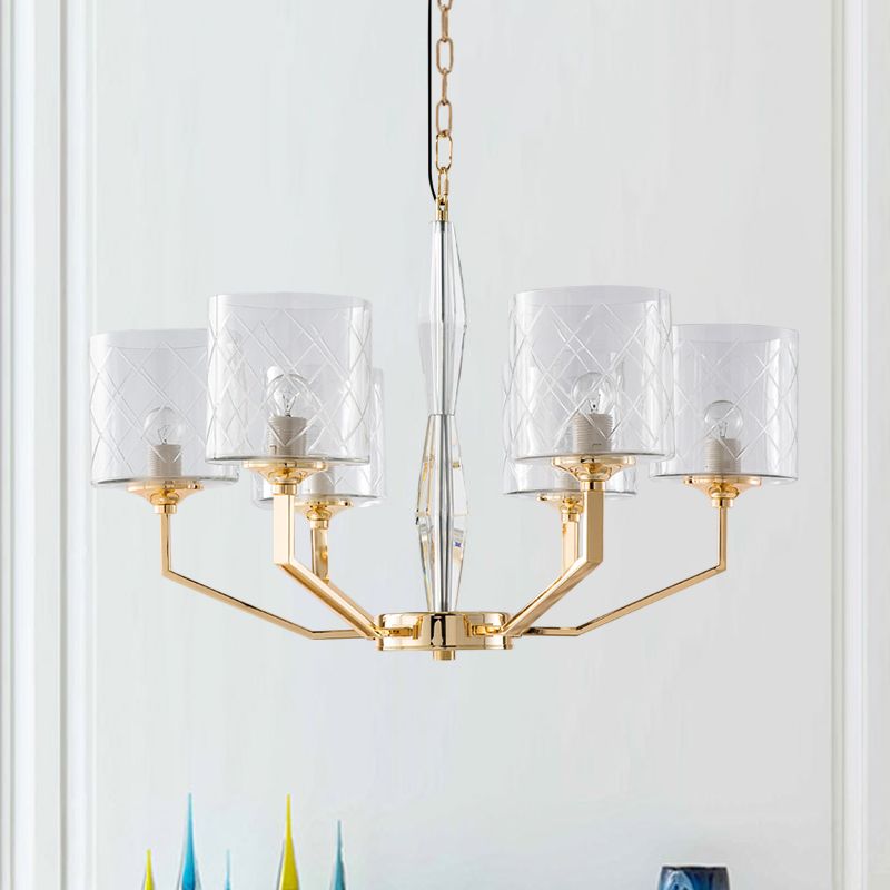 Clear Lattice Glass Pillar Chandelier Mid Century 6 Lights Gold Hanging Pendant for Bedroom