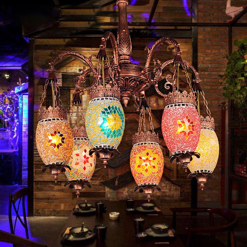 Vintage druppel kroonluchter verlichting kleurrijk glas 6 koppen ophanging licht in koper voor restaurant