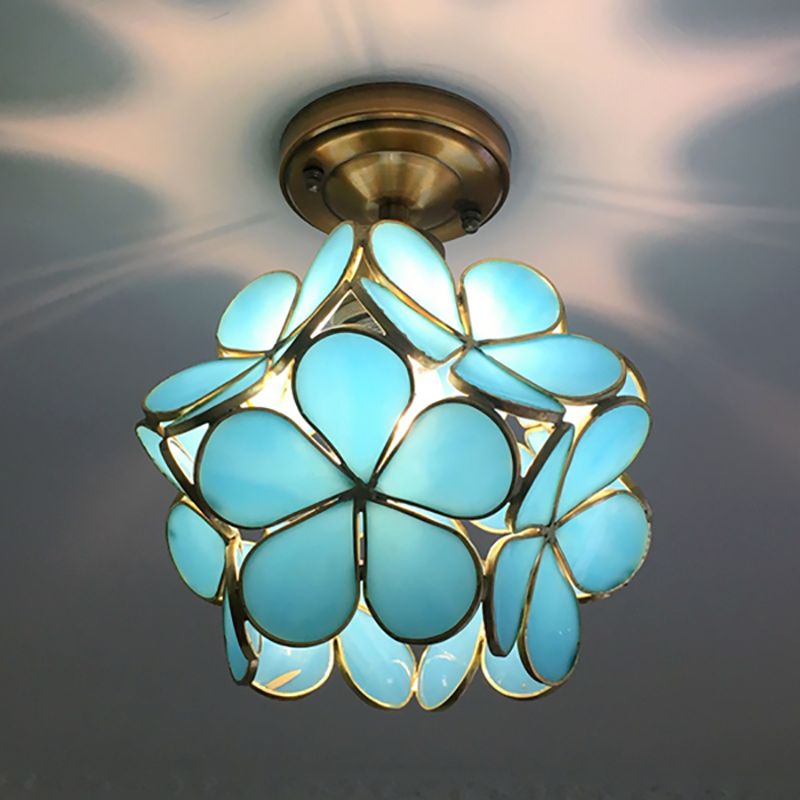 1 Light Pink/Blue/Green/Clear Floral Ceiling Light Fixture Retro Style Stained Glass Flushmount Light for Hallway