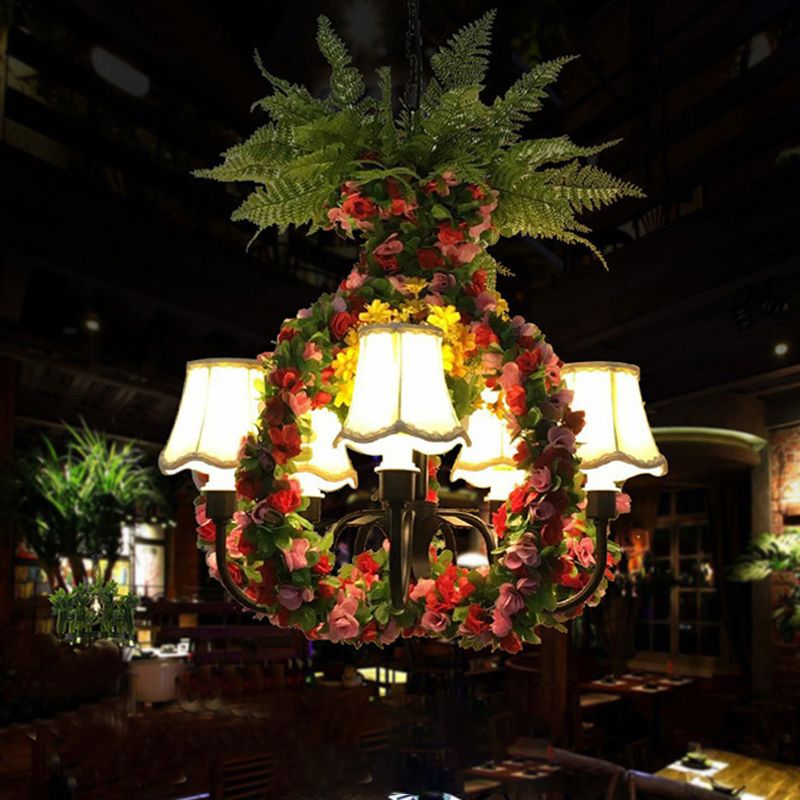 Scalloped Fabric Chandelier Light Warehouse 4 Bulbs Restaurant Suspension Lighting in Green with Pineapple Design