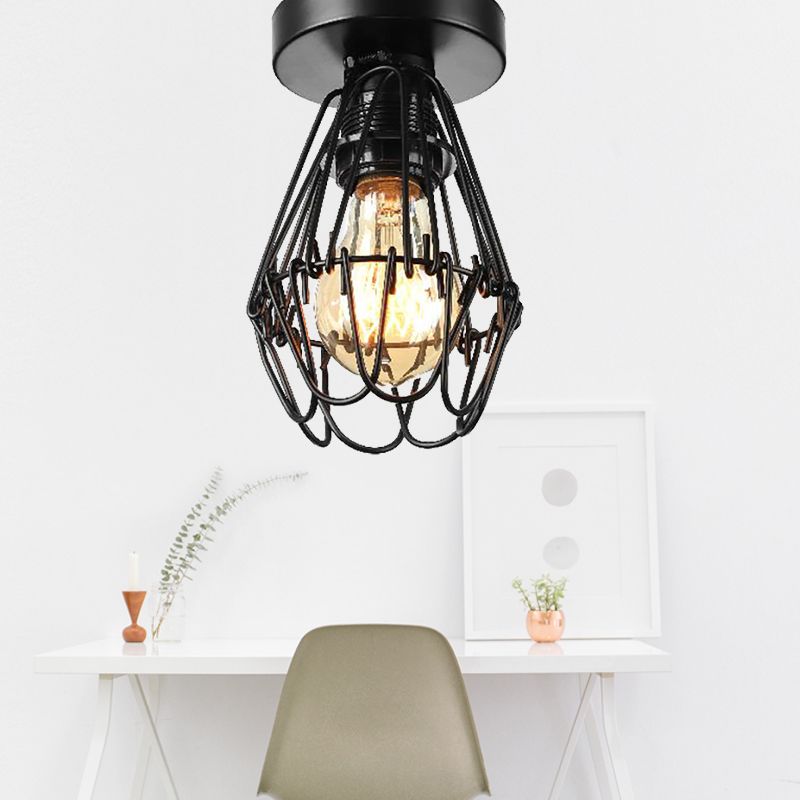 Suspension encastrée à cage industrielle avec motif pétale, éclairage de plafond en métal à 1 lumière en noir pour café
