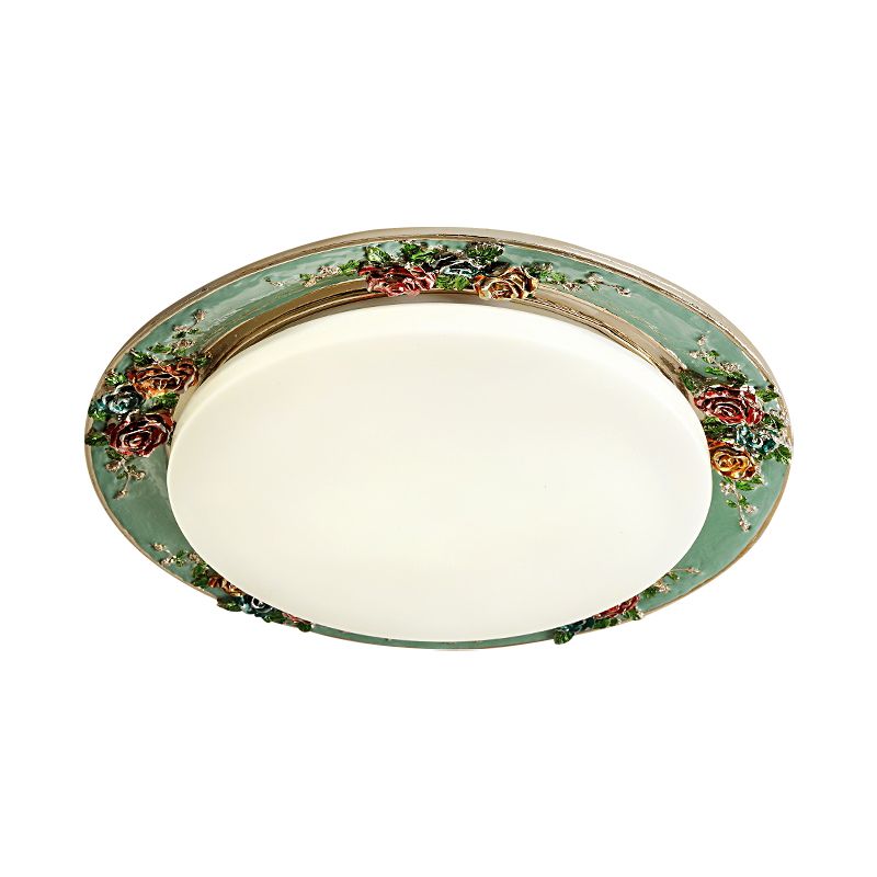 Handcrafted Rose Round Resin Flush Mount Retro Bedroom LED Close to Ceiling Light in Beige/Green/Silver Grey