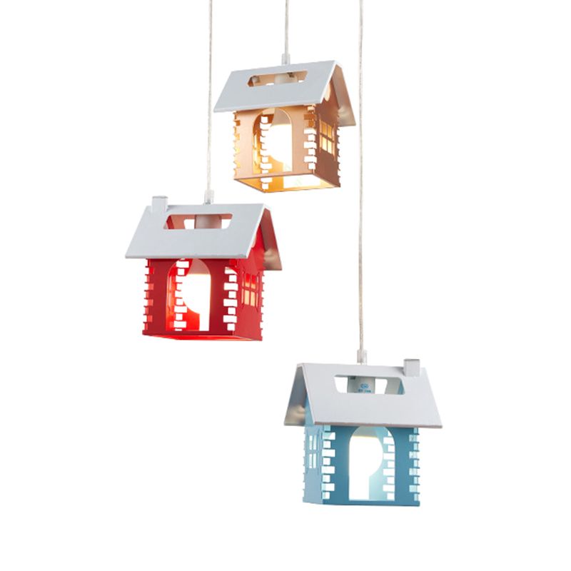 Metallic House Shape Multi Light Pendant Macaron 3 Heads Red-Yellow-Blue Suspension Lamp