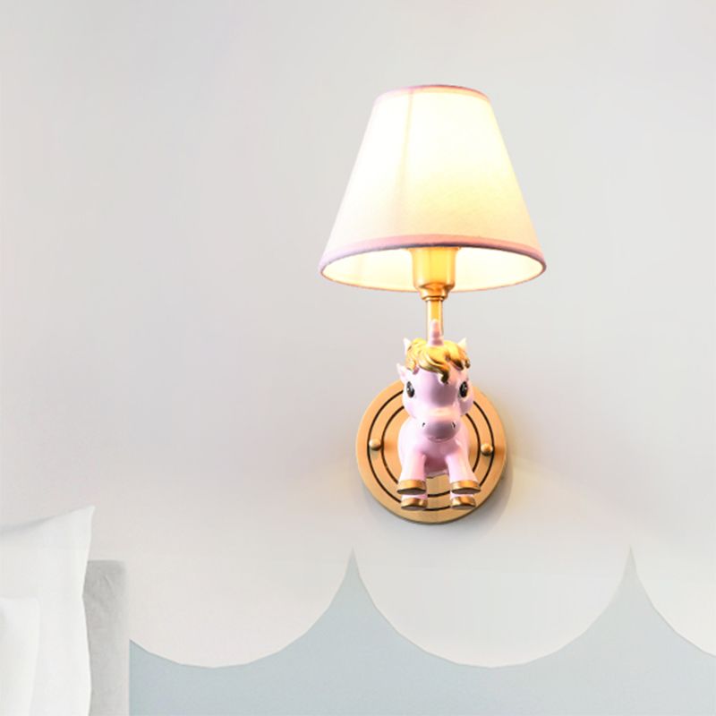 Kid Flying Unicorn Wall Mount Light Kids Resin Child Room Wall Light Fixture with Tapered Fabric Shade