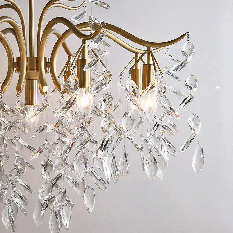 Gold Branches Suspended Lighting Fixture Rustic Crystal Living Room Chandelier Pendant Light