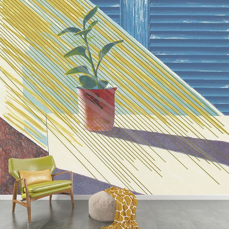 Yellow-Blue Art Wall Mural Decal Huge Sunshine on Pot Plant Drawing Wall Decoration for Home