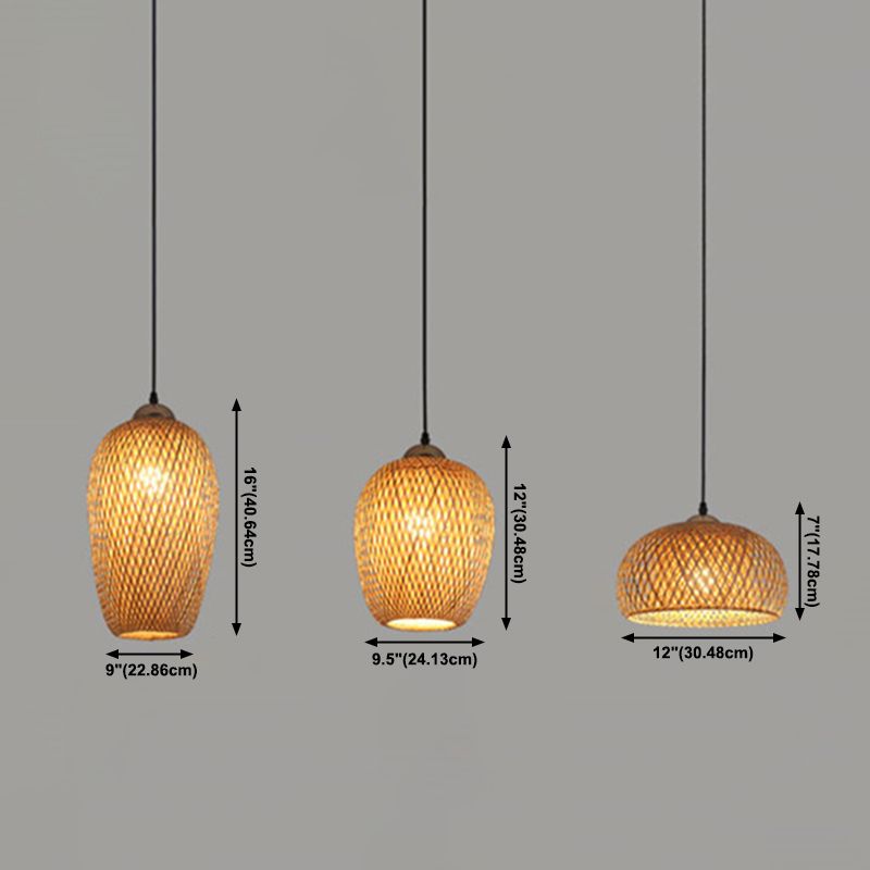 Asian Creative Drum Pendant Light Bamboo Weaving Hanging Lamp for Interior Spaces