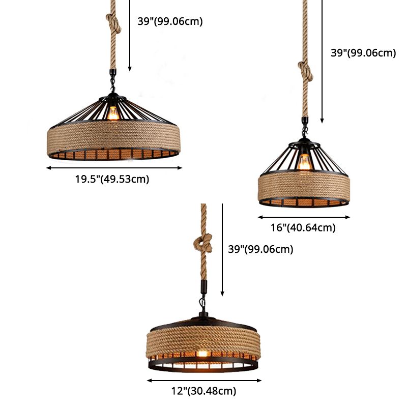 Industrial-Style Drum Pendant Lighting Fixture Rope Hanging Pendant Light in Beige