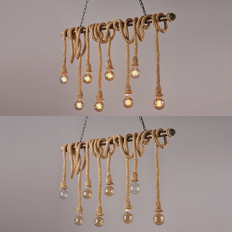 Vintage Hemp Rope Chandelier Industrial Retro Linear Exposed Bulb Pipe Pendant for Restaurant