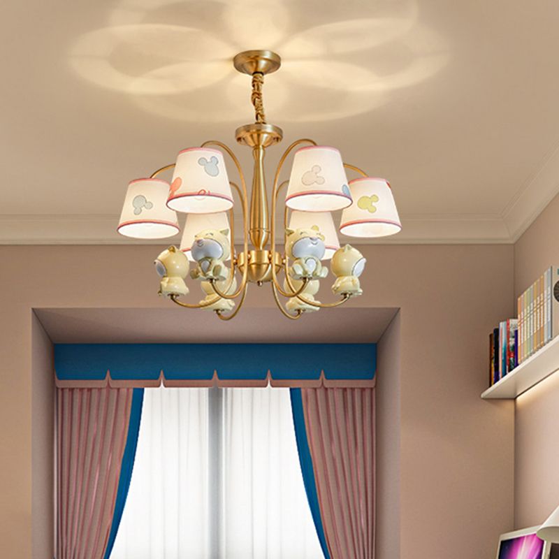 Patterned Fabric Tapered Chandelier Lighting Cartoon Gold Pendant Light with Resin Animal