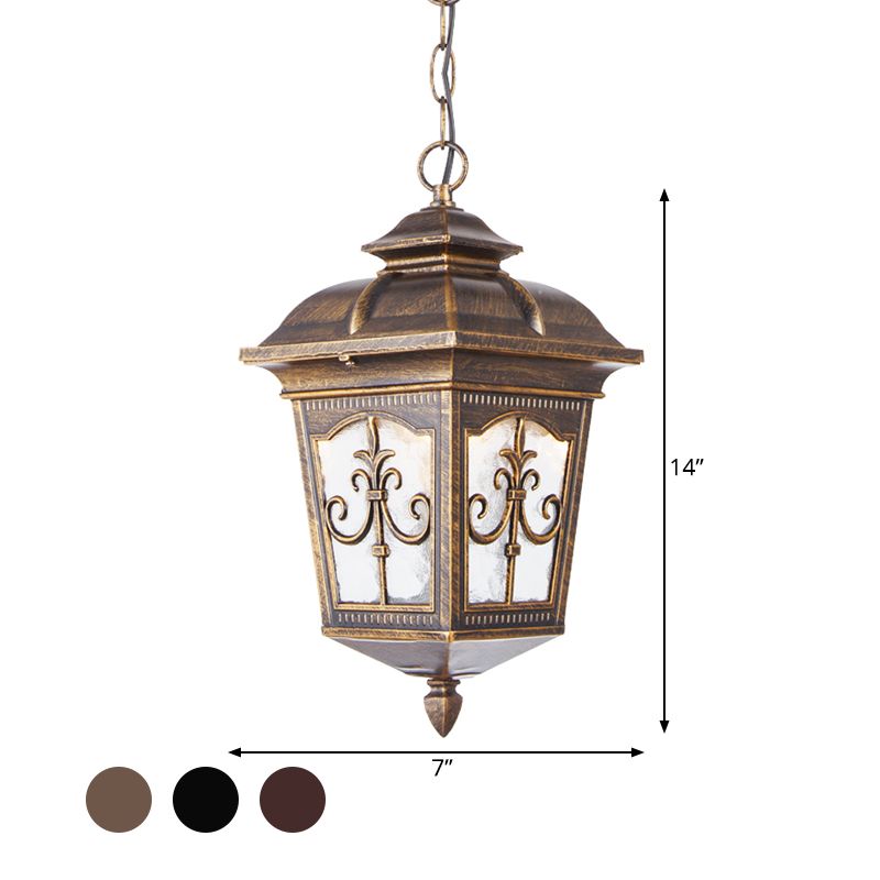 Clear Ripple Glass Black/Bronze Ceiling Lamp Lantern Shaped 1-Light Farmhouse Pendant Light Fixture for Patio