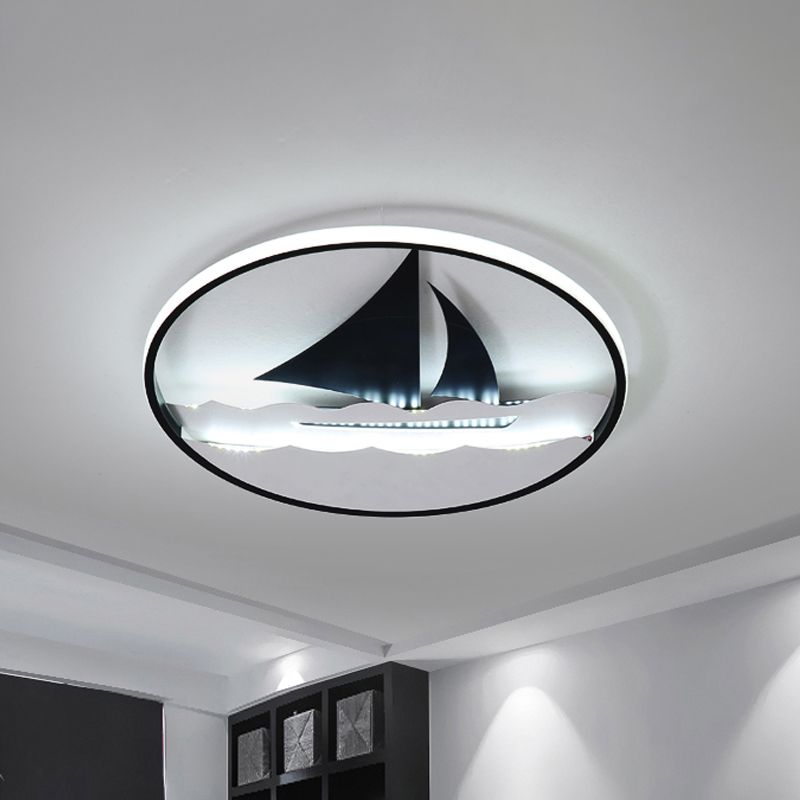 Sailboat On The Ocean Flushmount Lamp Kids Acrylic Black LED Ceiling Mounted Fixture