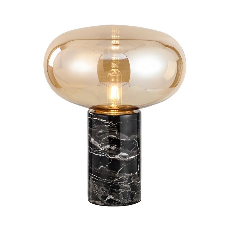 9"/12.5" Wide Cylinder Table Light Designer Marble 1 Head Black Night Lamp with Oval Grey/Amber Glass Shade
