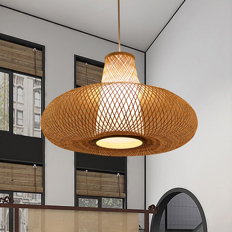 Weave Suspension Pendant Contemporary Bamboo 1 Bulb Wood Hanging Light Kit, 16"/19.5" Wide