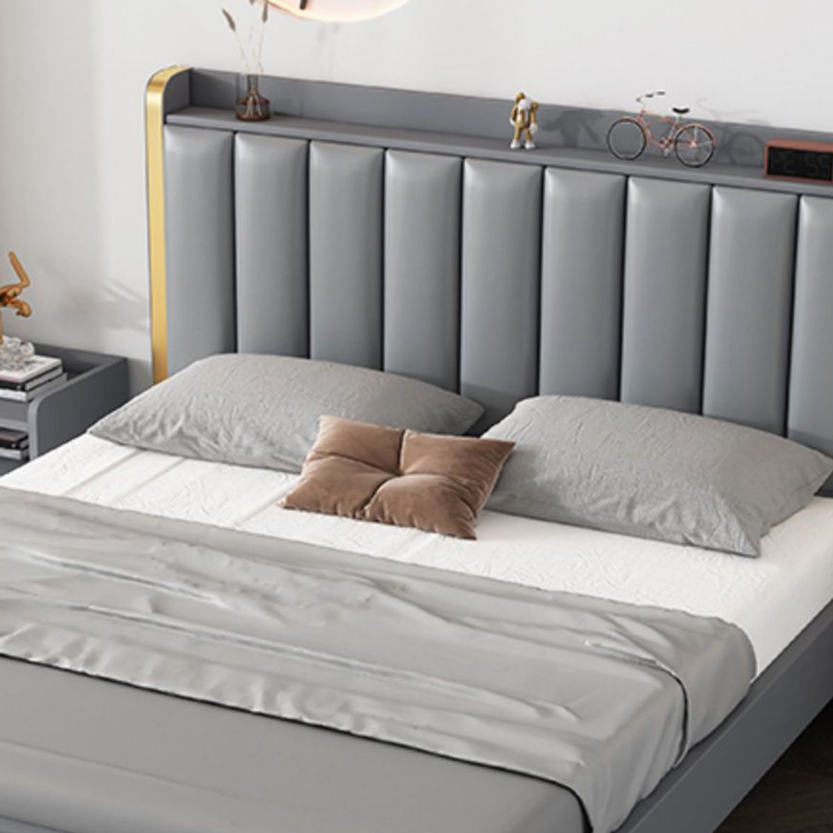 Modern Solid Wood Standard Bed Headboard Bed Frame with Golden Legs