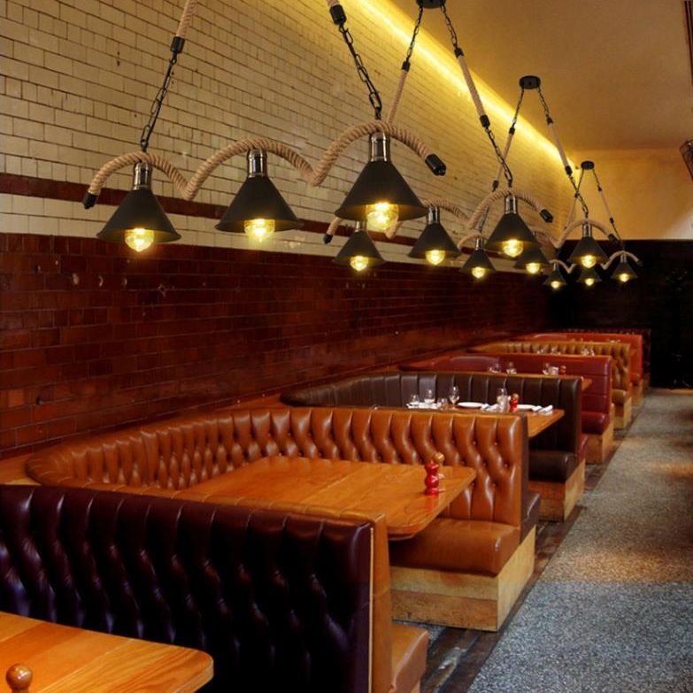 Wave-shaped Hemp Rope Island Lamp Industrial Retro Black Metal Saucer Shade Pendant Light for Bar