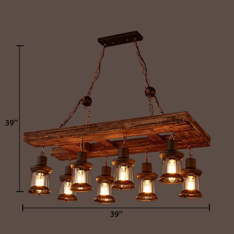 Lantern Clear Glass Hanging Pendant Rustic 8-Light Kitchen Island Light Fixture in Black with Wood