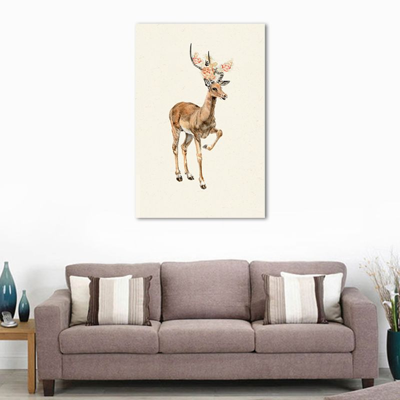 Farmhouse Deer with Flower Wrapped Canvas for Kids Bedroom Wall Art Decor in Brown