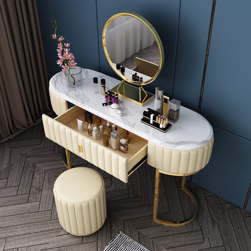 Stone Top Oval Vanity Table Mirrored Metal Makeup Dressing Table