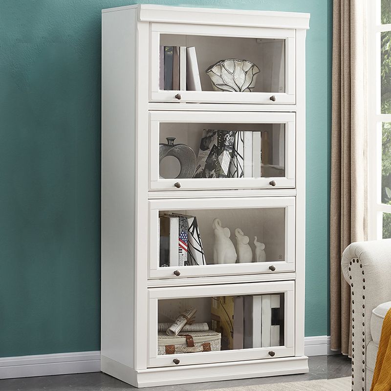 Modern Closed Storage Bookcase 12.5" W White Wooden Bookshelf with Glass Doors