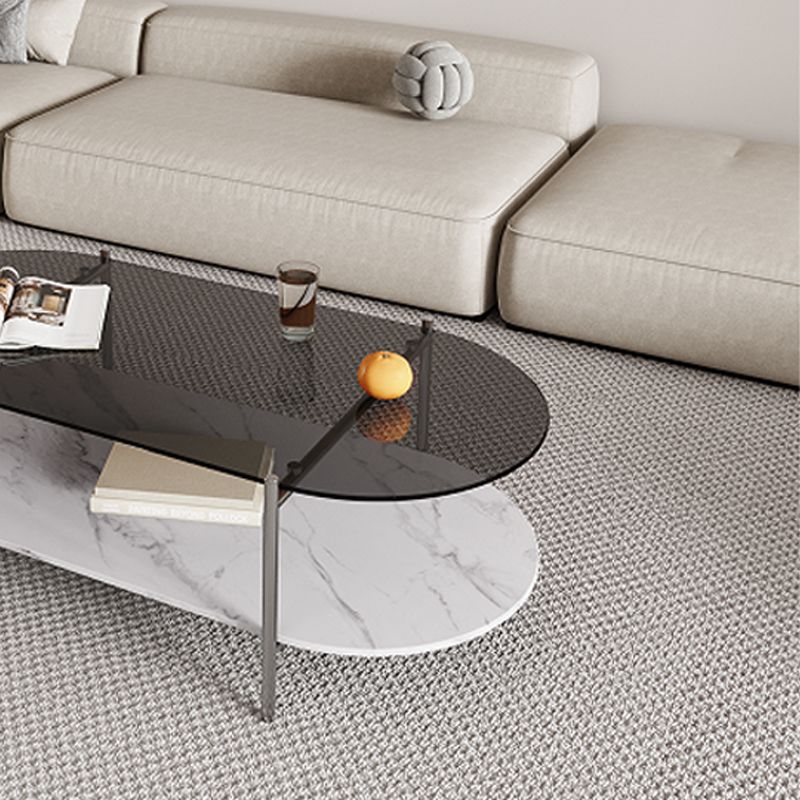 15.74" H Oval Glass Coffee Table Stainless Steel Sled Cocktail Table with Shelf