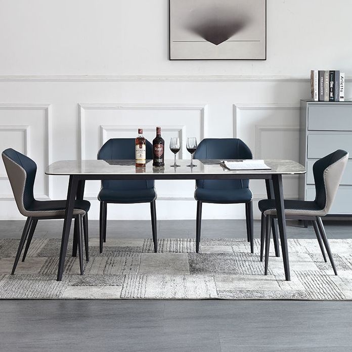 Mesa de comedor rectangular contemporánea de metal mesa de piedra sinterizada gris con patas de metal