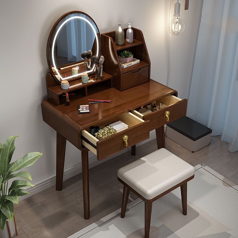 Solid Wood Makeup Counter 3 Drawer Vanity Dressing Table With Stool