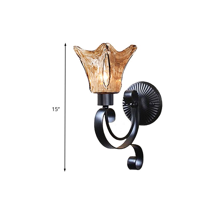 Bell Bedroom Sconce Light Retro Amber Glass Single Light LED Black Wall Mount Lighting, 15"/26" Tall