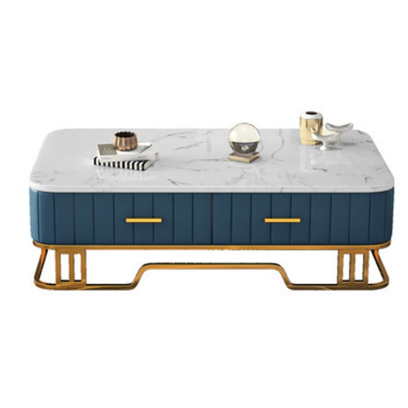 Glam Iron Frame Base Coffee Table with White Marble Top and 2 Drawers