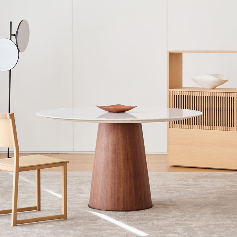 Modern Round Dining Table White Stone Tabletop with Wood Pedestal Base