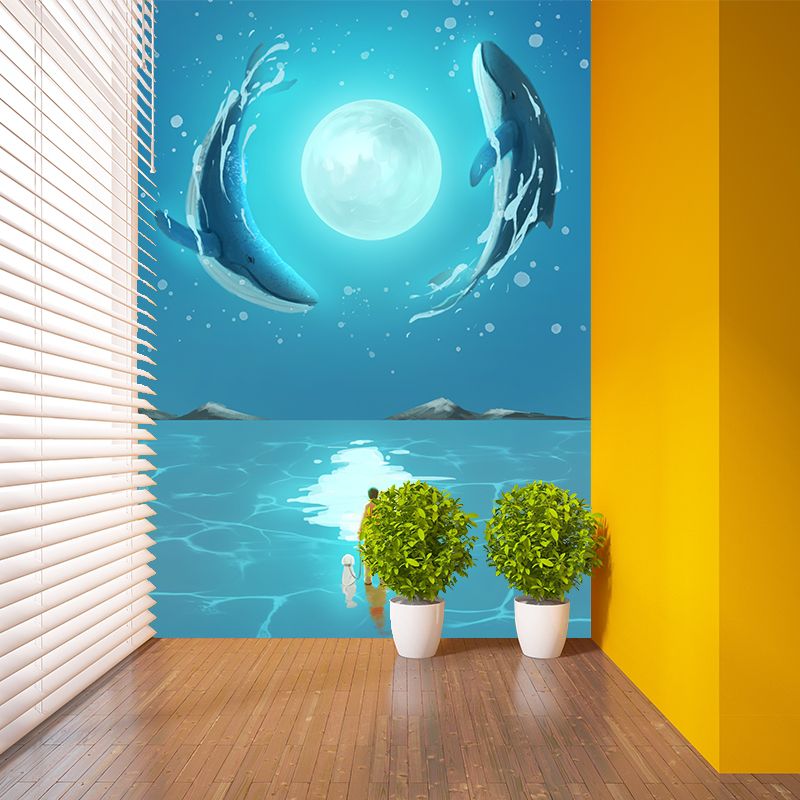 Custom Illustration Kids Wall Mural with Whale Dance Around Moon Pattern in Blue