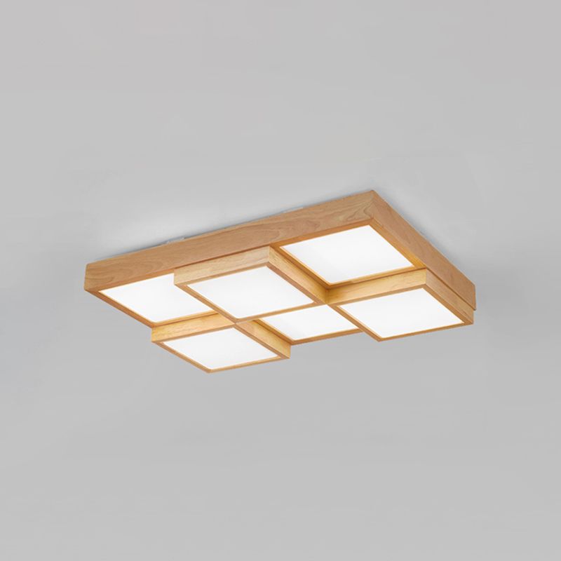 Natuurlijke Houten Vierkante Flush Licht Moderne 4/6/9-Licht Houten LED Plafond Lamp in Warm/Wit/Natuurlijk Licht