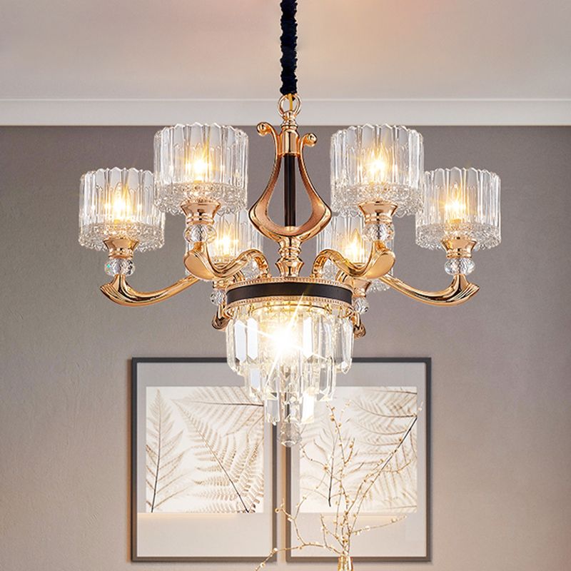 Modernist Drum Ceiling Chandelier 6/8-Bulb Crystal Rectangle Suspension Pendant Light in Black and Gold