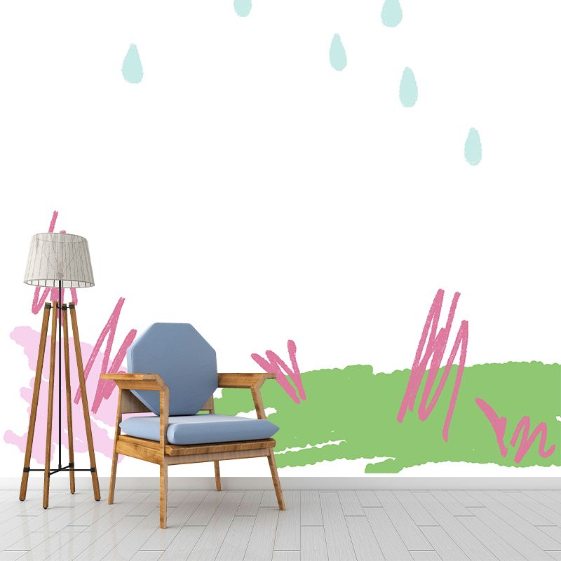 Huge Rainy Spring Scribble Mural Green Non-Woven Wall Covering, Waterproof, Optional Size