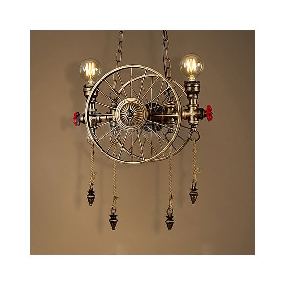 Wheel Design Metal Island Lamp Vintage Stylish 2 Heads Restaurant Island Pendant Lighting in Brass