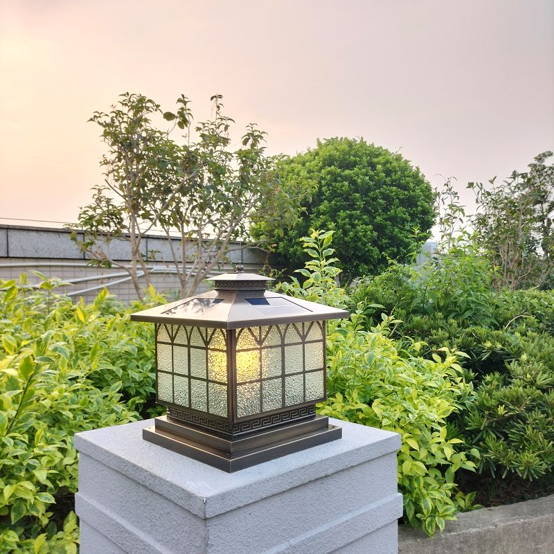 Rectangle Shape Metal Outdoor Lamp Modern Style Solar Pillar Light in Bronze