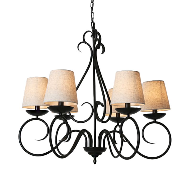 6 Lights Fabric Chandelier Light Traditional Coffee/Flaxen/White Conical Dining Room Hanging Light Fixture