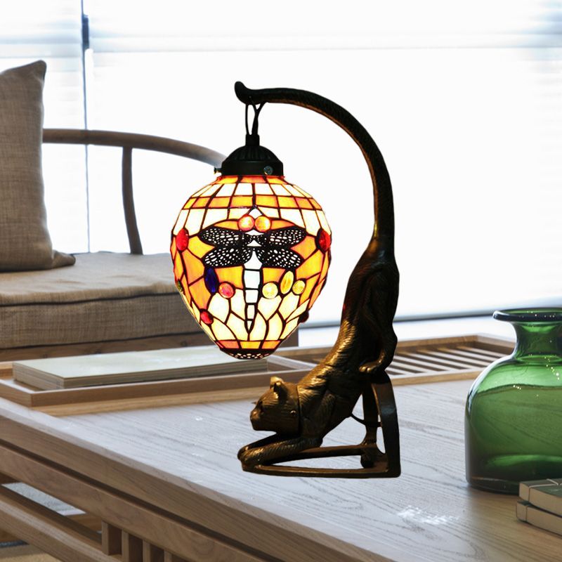 Cut Glass Dragonfly Desk Lighting Baroque Style 1 Light Red/Green Cat Table Light for Bedroom