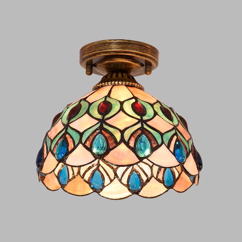 Plafonnier Shell Bowl fait à la main Tiffany à ampoule unique bleu/bleu clair/beige encastré avec cabochons en forme de pierres précieuses