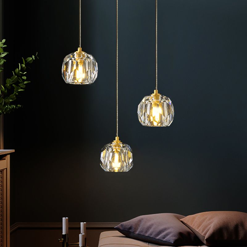 Gold 3 Heads Cluster Pendant Light Light Contemporain Faceted Crystal Dousse de lampe suspendue avec une verrière rond / linéaire