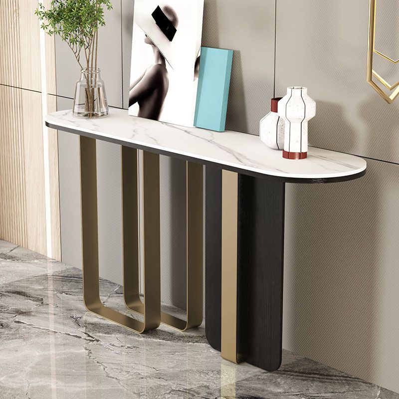 Glam Metal Console Sofa Table Oval Stone Console Accent Table for Hall