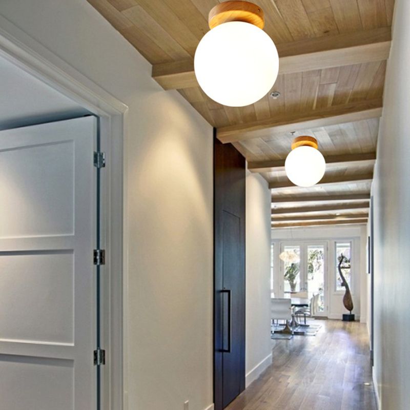 Scandinavian Wooden Ceiling Light Globe Glass Shaded Flush Mount Lighting