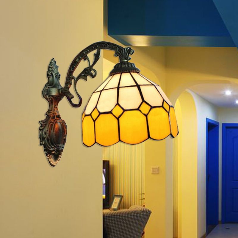 Yellow Dome Wall Mount Lighting Tiffany Style 1 Light Wall Sconce Lamp with Curved Arm