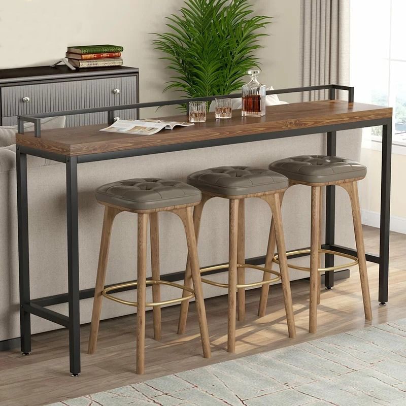 Industrial Bar-height Table Solid Wood Top Pub Table with Black Base
